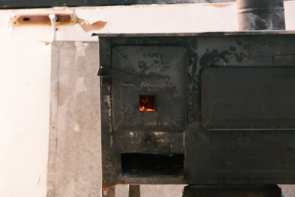 Close-up of a vintage metal stove with warm fire inside, evoking a rustic charm.