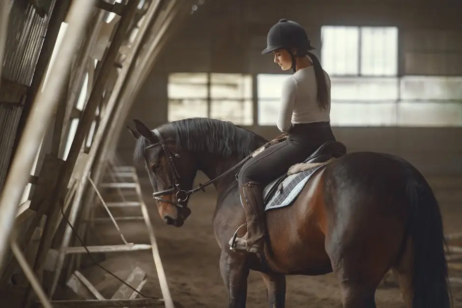A young woman riding a horse indoors, dressed in equestrian attire, showcasing concentration and skill.
