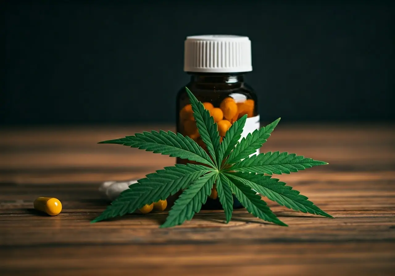 A green cannabis leaf next to a medicine bottle. 35mm stock photo