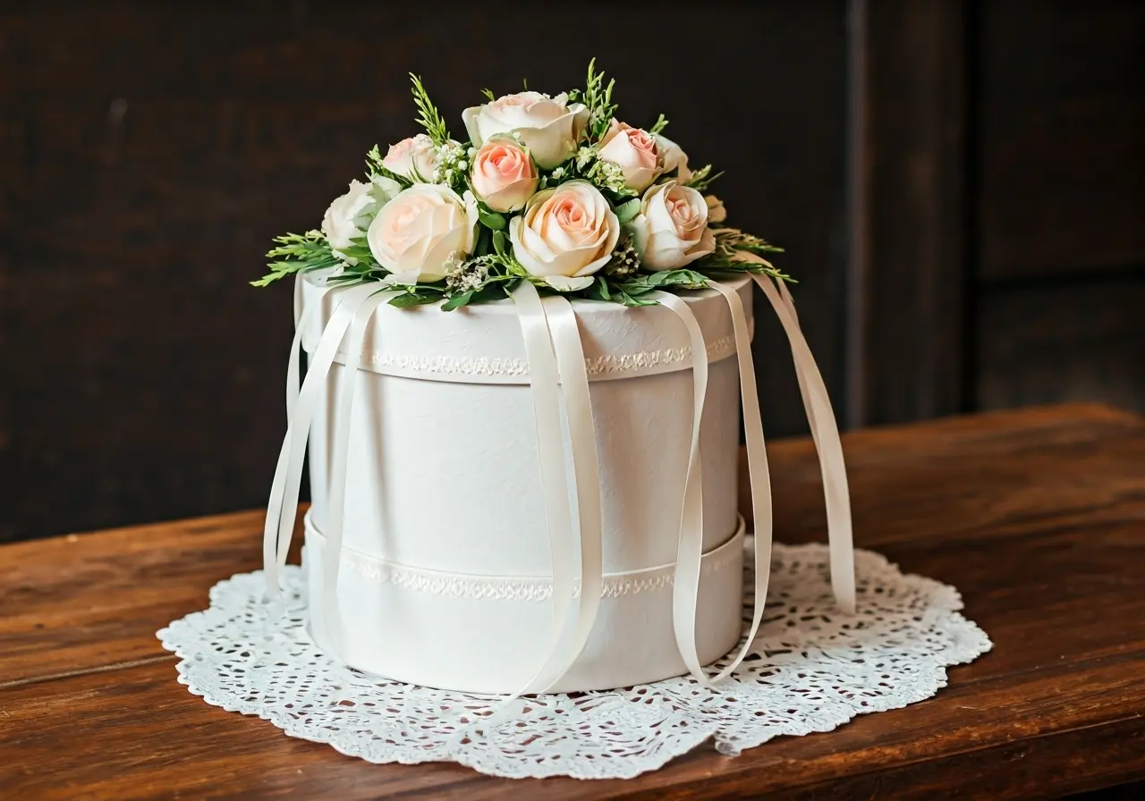 A beautifully decorated bride box with flowers and ribbons. 35mm stock photo