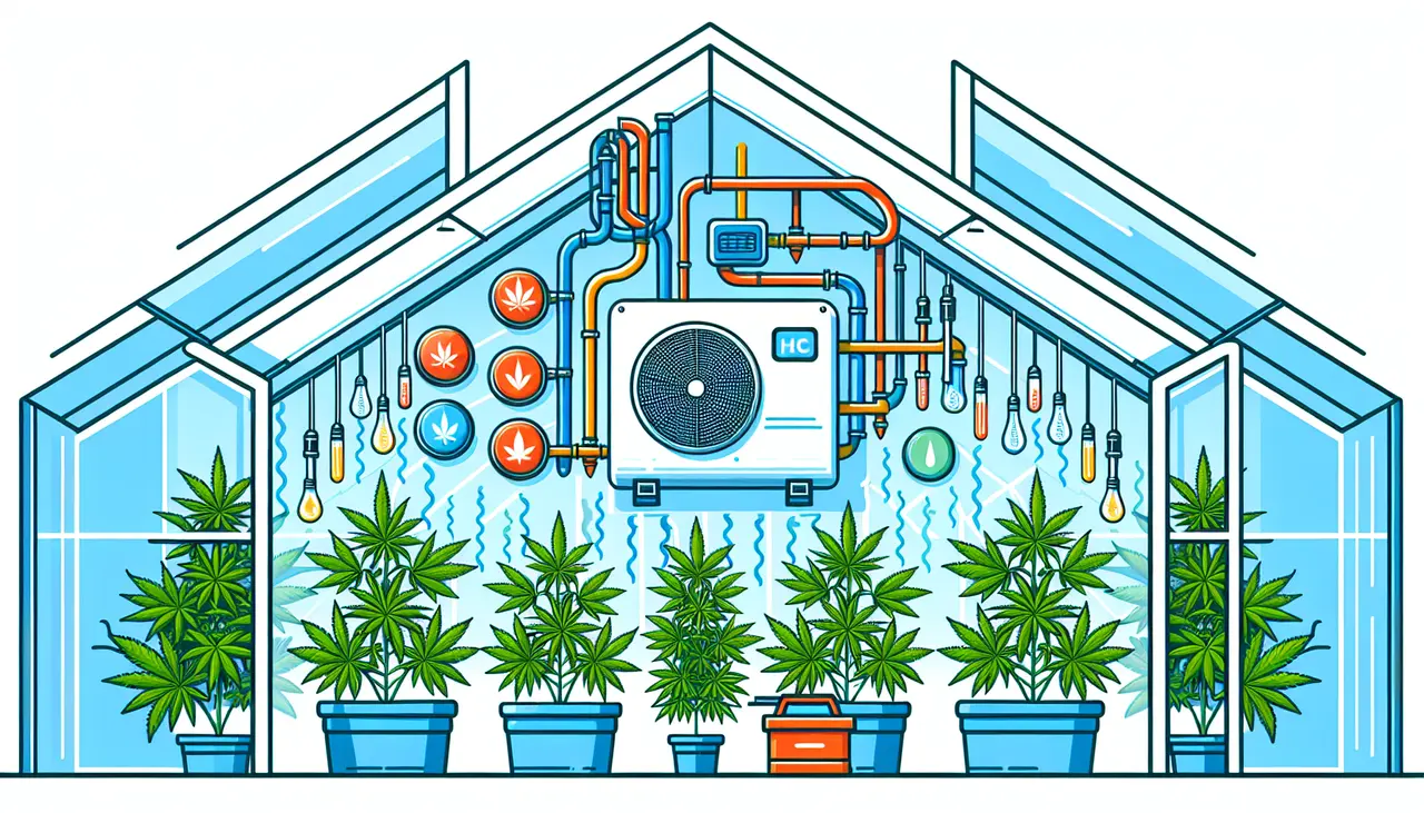 Draw a graphic in flat design style. A flat design style illustration of a modern HVAC system inside a greenhouse, with visible cannabis plants thriving under its operation.
