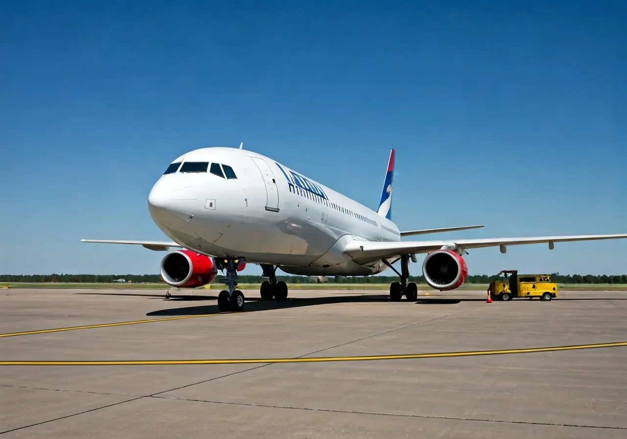 An airplane with maintenance tools on a runway. 35mm stock photo