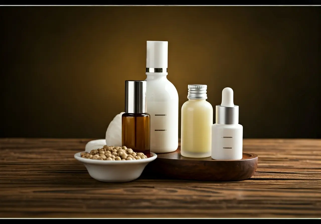A serene spa setting with elegant skincare products displayed. 35mm stock photo