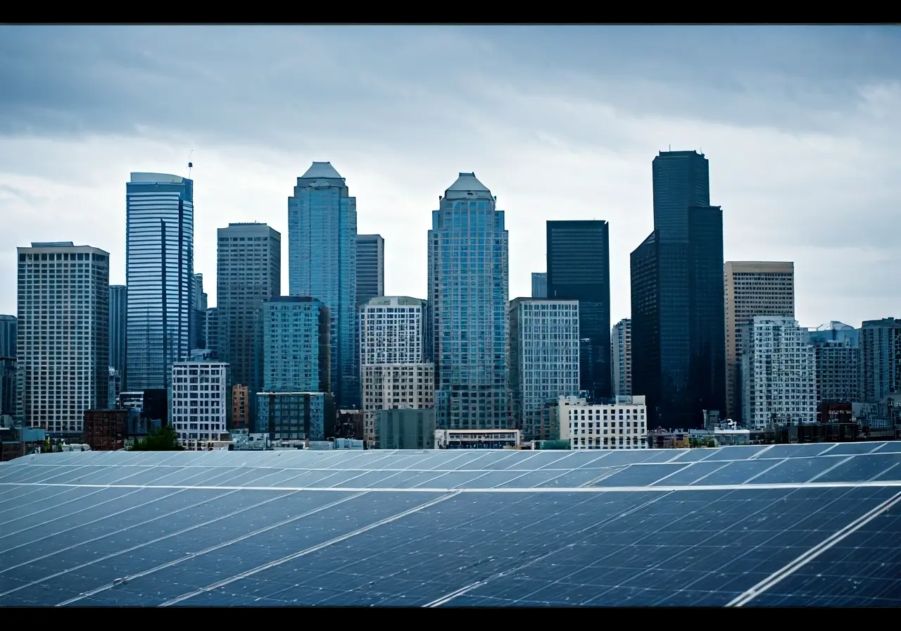 Rainy Seattle skyline with solar panels in the foreground. 35mm stock photo