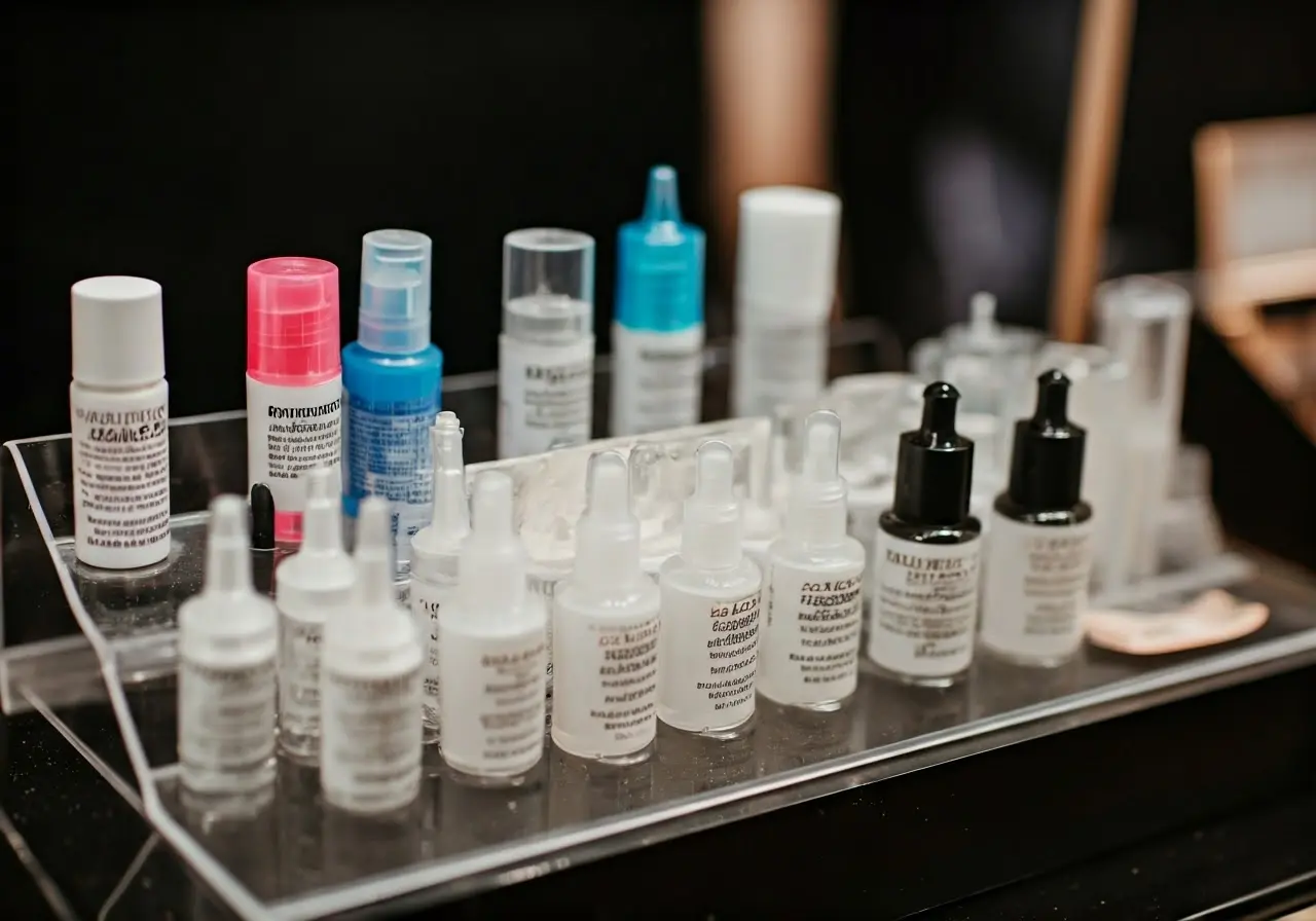 A close-up of various eyelash adhesive remover bottles on display. 35mm stock photo