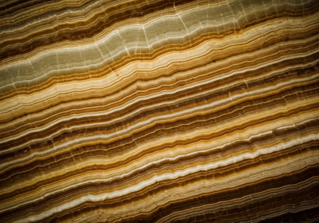 A close-up of polished onyx wall panels with rich patterns. 35mm stock photo