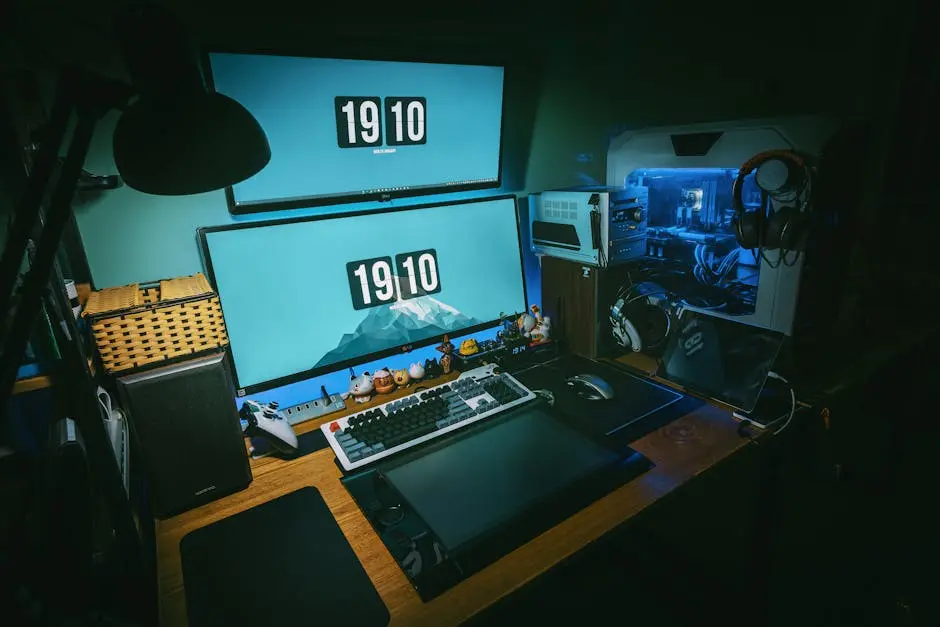 A sleek gaming desk setup featuring dual monitors, keyboard, and gaming PC in a dimly lit home office.