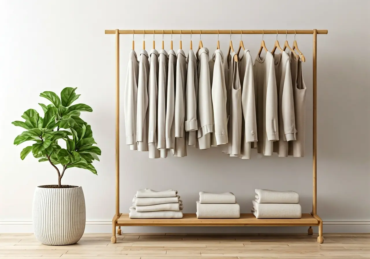 A serene minimalist wardrobe with eco-friendly Zen clothing. 35mm stock photo