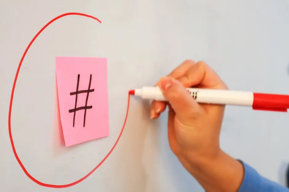 Close-up of hand drawing a circle around a hashtag on a sticky note with a red marker.