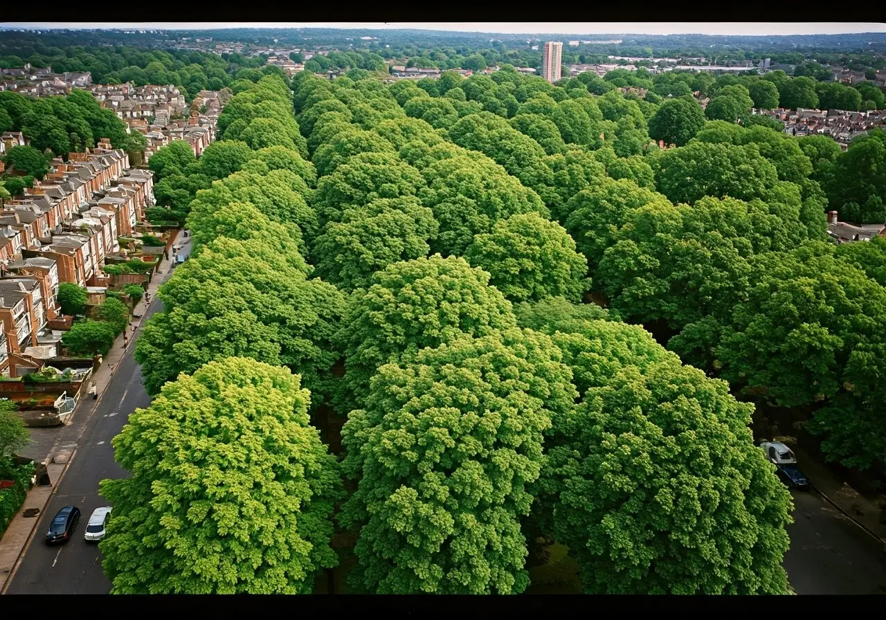 Aerial view of tree-lined streets in Kew Gardens neighborhood. 35mm stock photo
