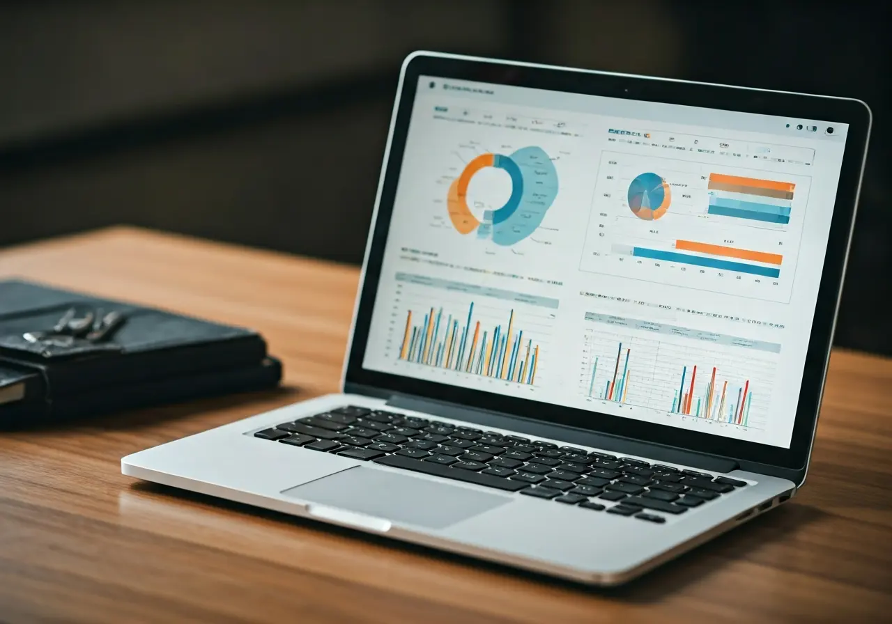 A laptop displaying a colorful, graphically-designed SEO report. 35mm stock photo