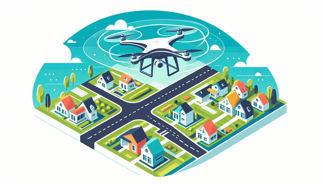 Draw a graphic in flat design style. A sleek drone flying over a modern suburban neighborhood, capturing a smooth aerial view in vibrant colors.
