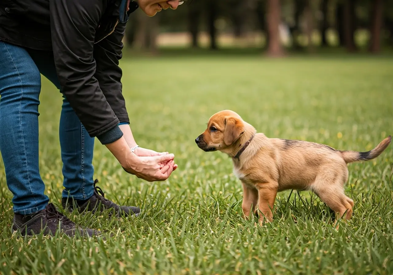 A puppy learning basic commands with a trainer at a park. 35mm stock photo
