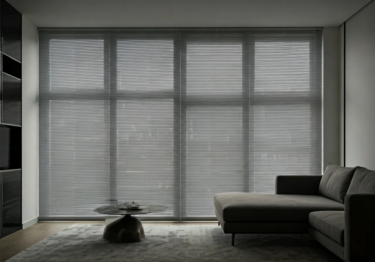 A sleek living room with automated, modern motorized window shades. 35mm stock photo