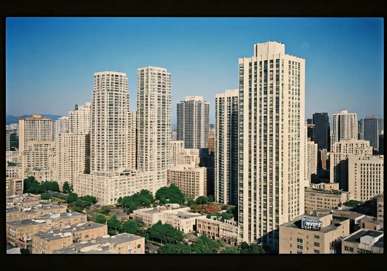 A high-rise skyline with For Rent signs on buildings. 35mm stock photo