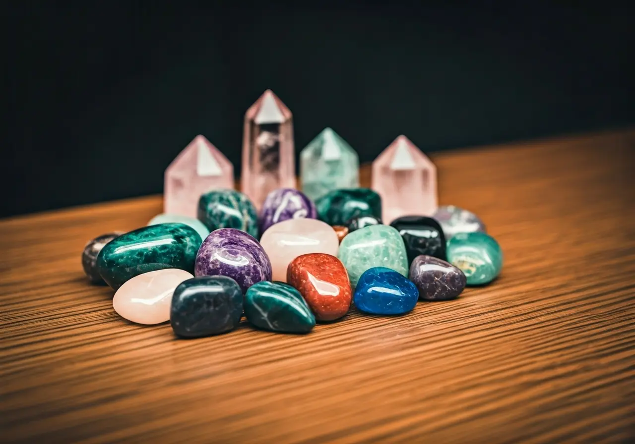 A variety of colorful healing crystals on a wooden table. 35mm stock photo