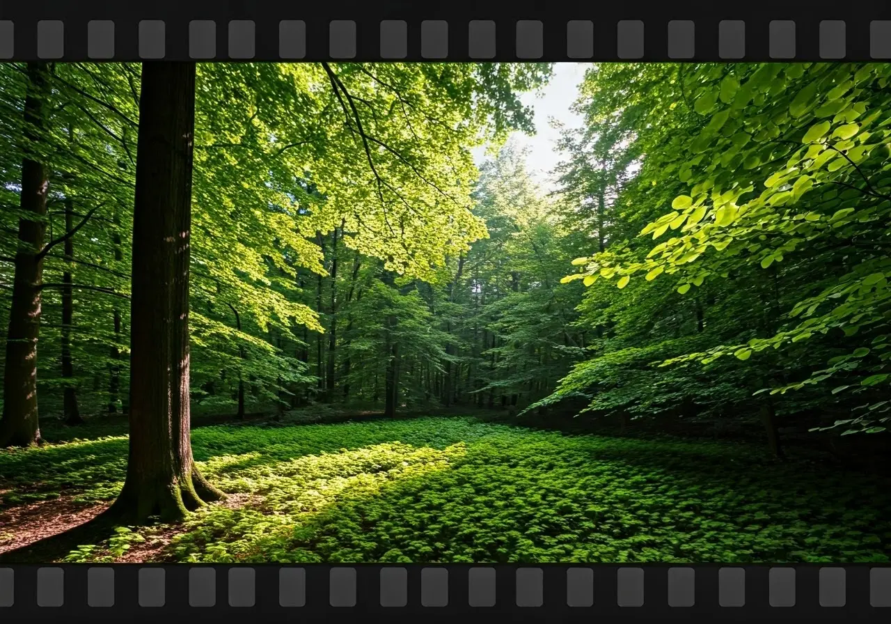 A peaceful, green forest with sunlight filtering through leaves. 35mm stock photo