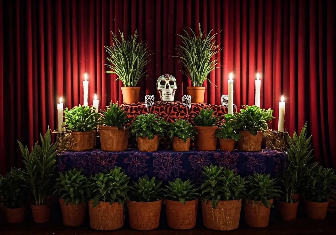 A colorful altar with Espanta Muerto plants and candles. 35mm stock photo