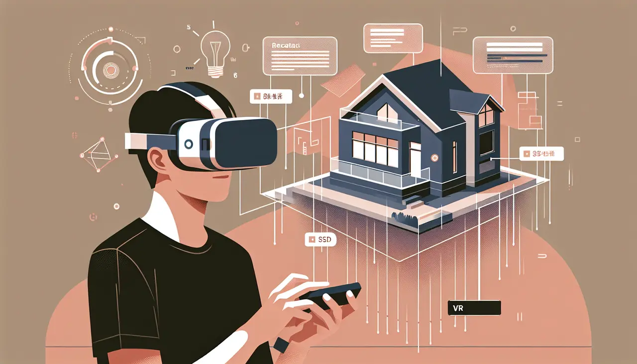 Draw a graphic in flat design style. An illustration of a person wearing a VR headset, viewing a 3D model of a house with floating labels highlighting features, set against a minimalist background.