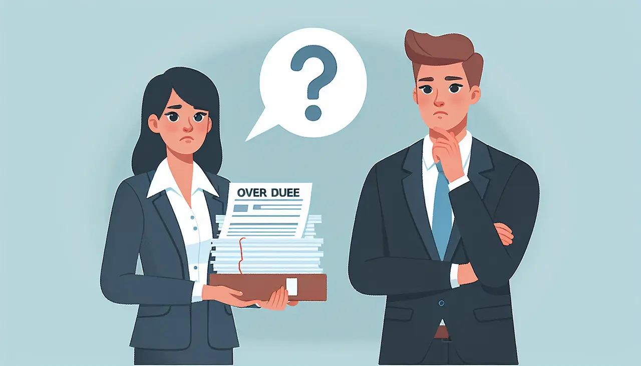 Draw a graphic in flat design style. An image of two professional figures in business attire, one holding a stack of overdue invoices, and the other looking concerned, with a question mark hovering above them, all set against a simple office backdrop.