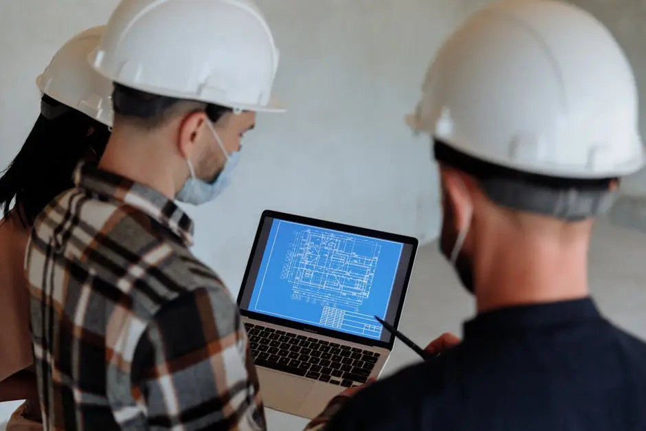 Engineers wearing hard hats and masks review a construction blueprint on a laptop indoors.