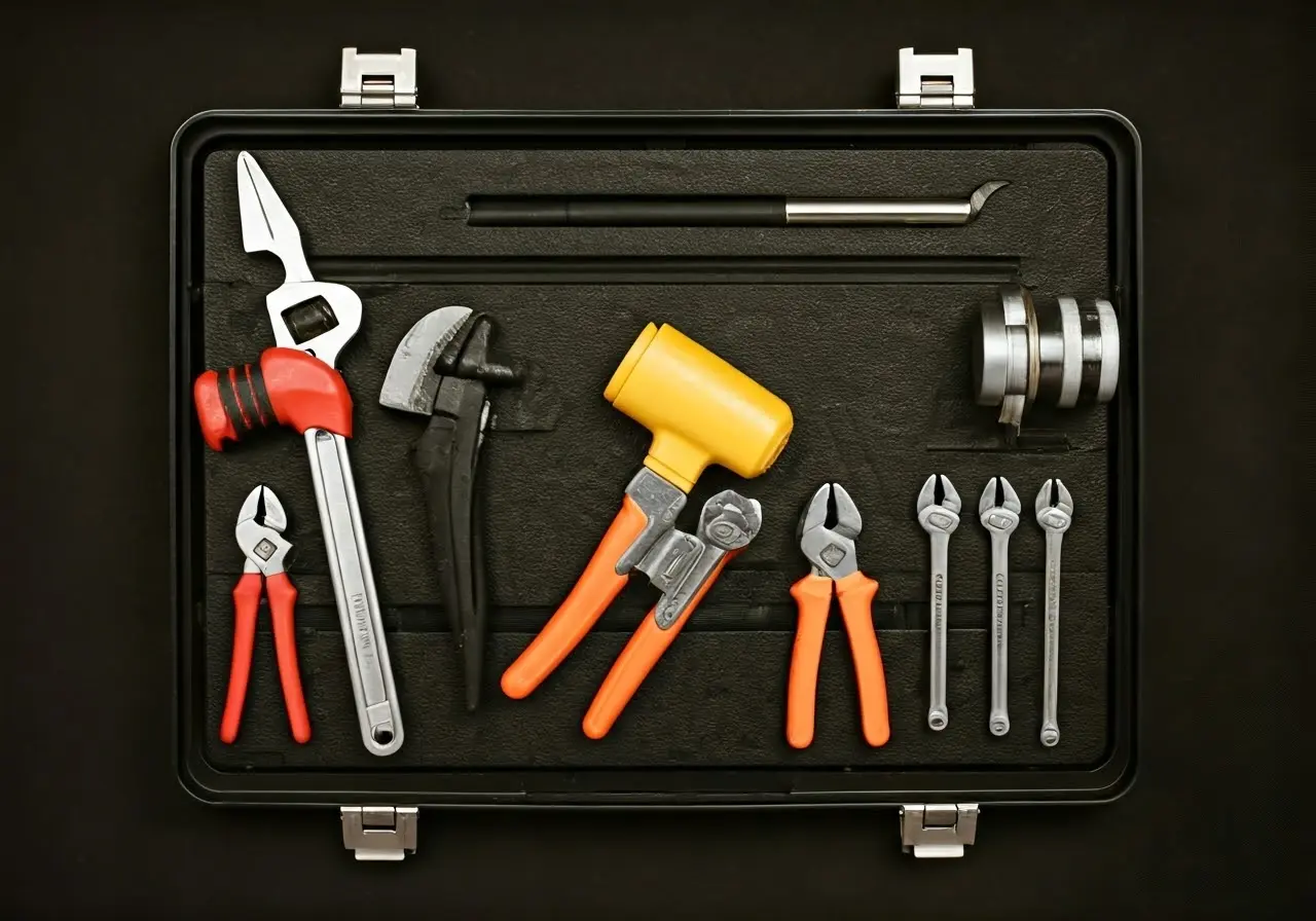 A plumber’s toolbox with various tools laid out neatly. 35mm stock photo