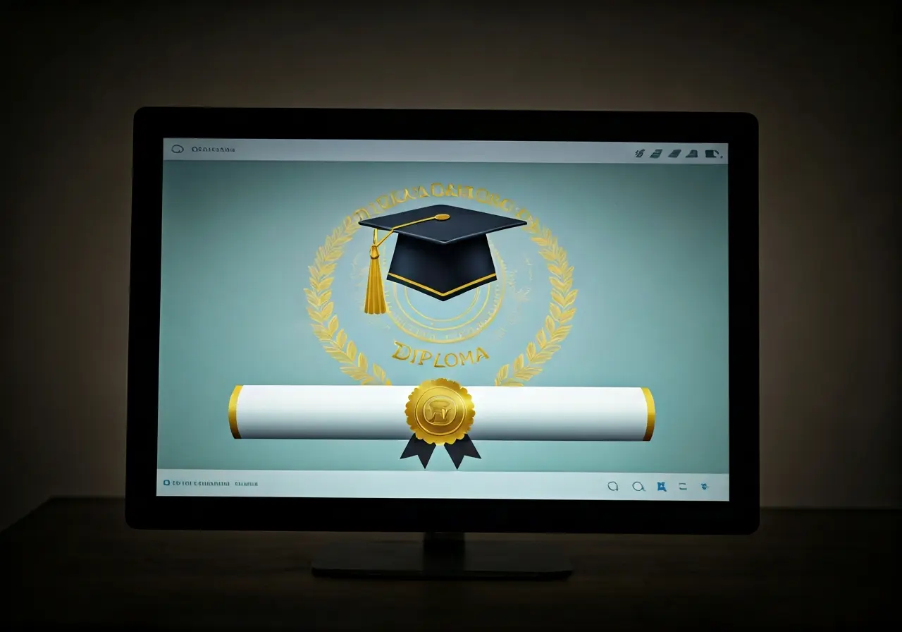 A digital diploma with a graduation cap on a screen. 35mm stock photo