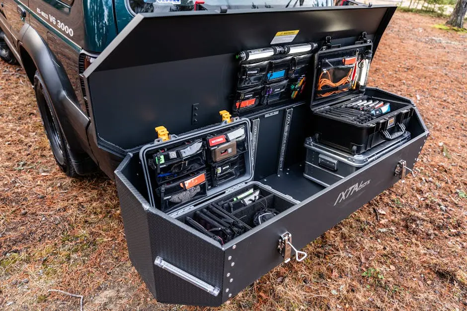 Open vehicle trunk showcasing organized tool storage with compartments and gadgets, parked outdoors.