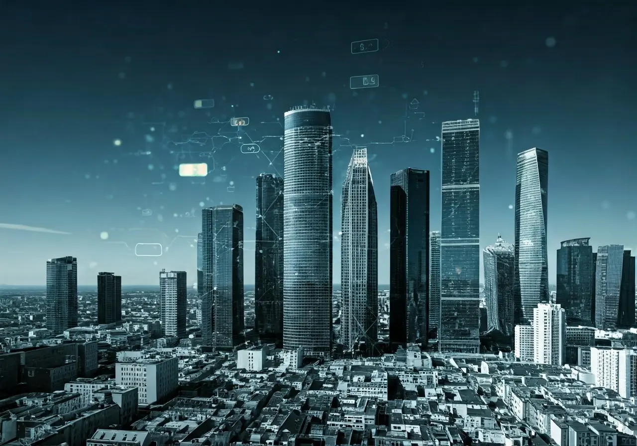 A futuristic city skyline with glowing tech-themed elements. 35mm stock photo