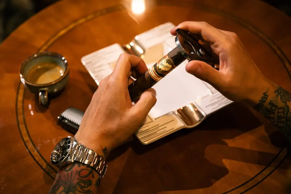 A man cutting a cigar near a cup of coffee on a wooden table, showcasing a relaxed lifestyle.