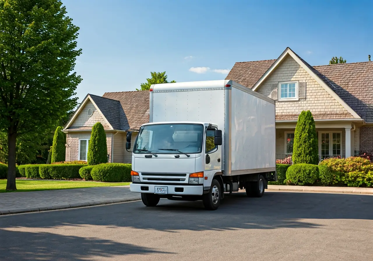A moving truck parked outside a cozy, suburban house. 35mm stock photo
