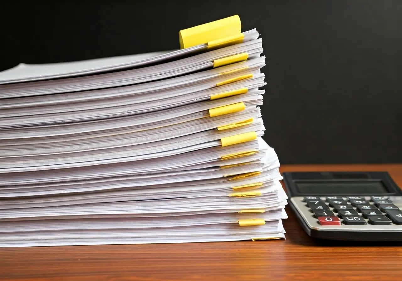 A stack of financial documents and a calculator on desk. 35mm stock photo