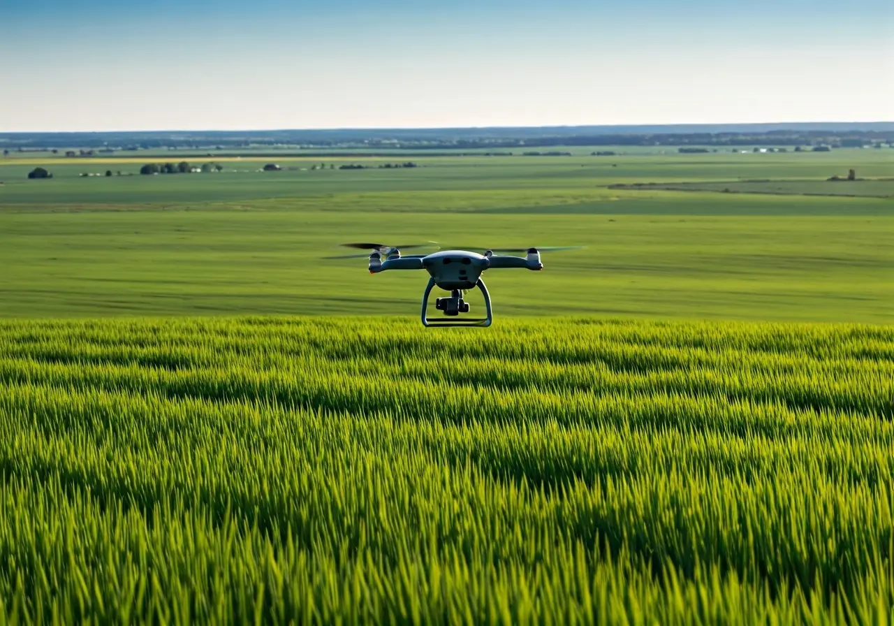 A drone flying over a vast, green agricultural field. 35mm stock photo