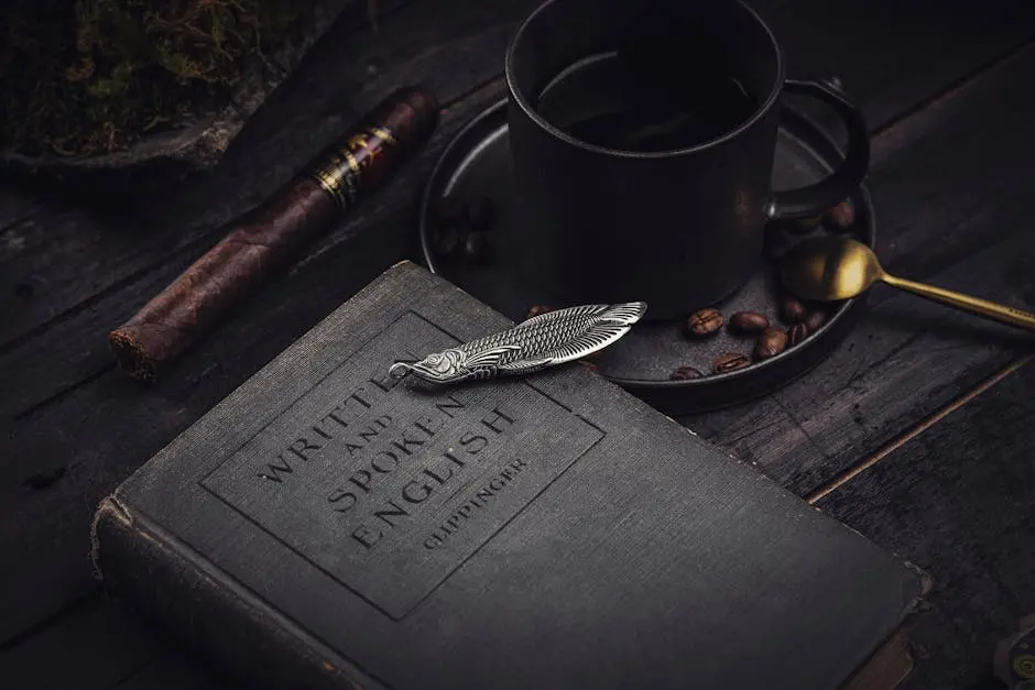 A classic setup featuring a book, coffee, cigar, and elegant accessories on a rustic table.