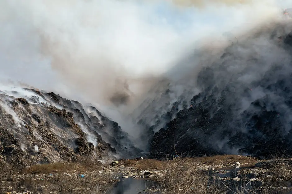 Thick smoke billows from a burning landfill surrounded by piles of waste and trash.