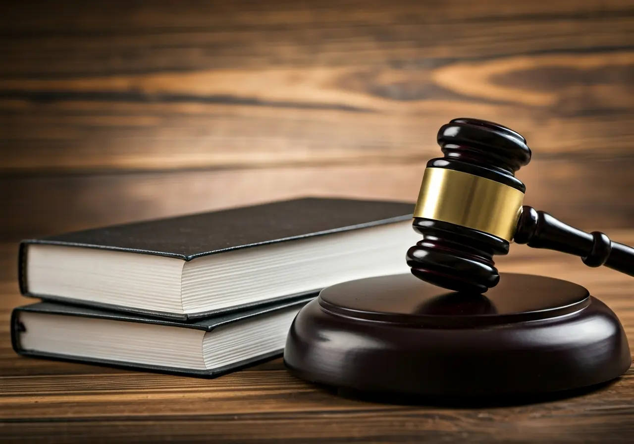 A gavel and legal book on a wooden desk. 35mm stock photo
