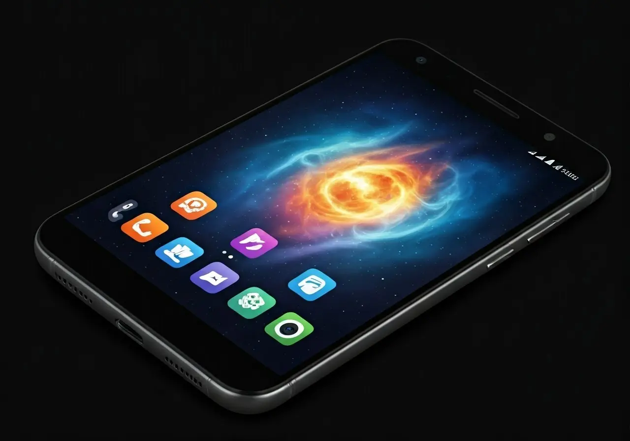 A smartphone displaying colorful app icons on the screen. 35mm stock photo