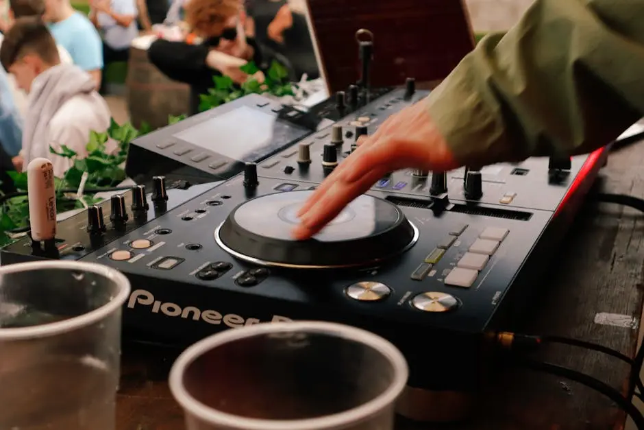 DJ performs with a console at an outdoor music event, creating a lively atmosphere.