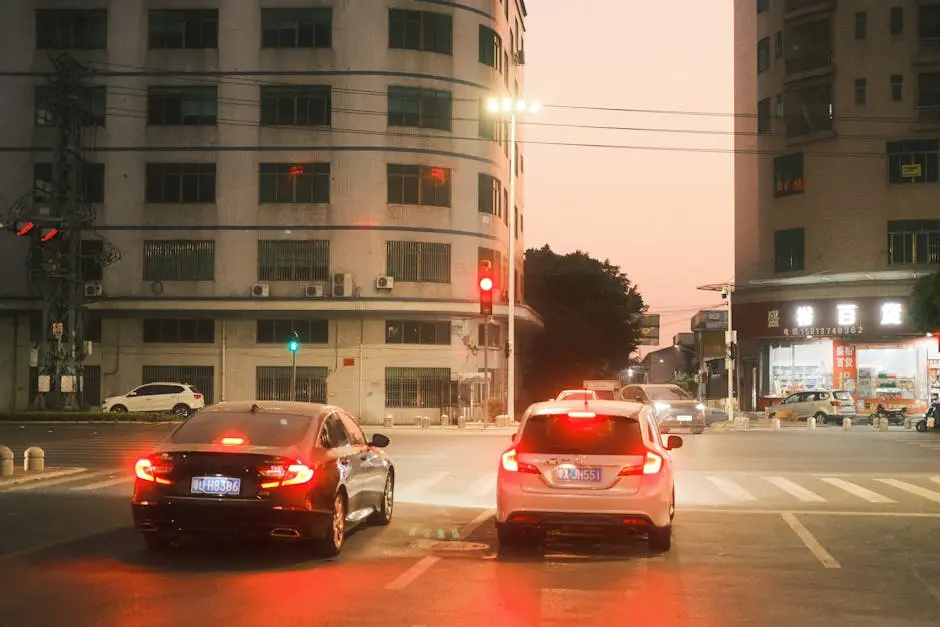 Cars waiting at a city intersection at dusk, highlight urban life.