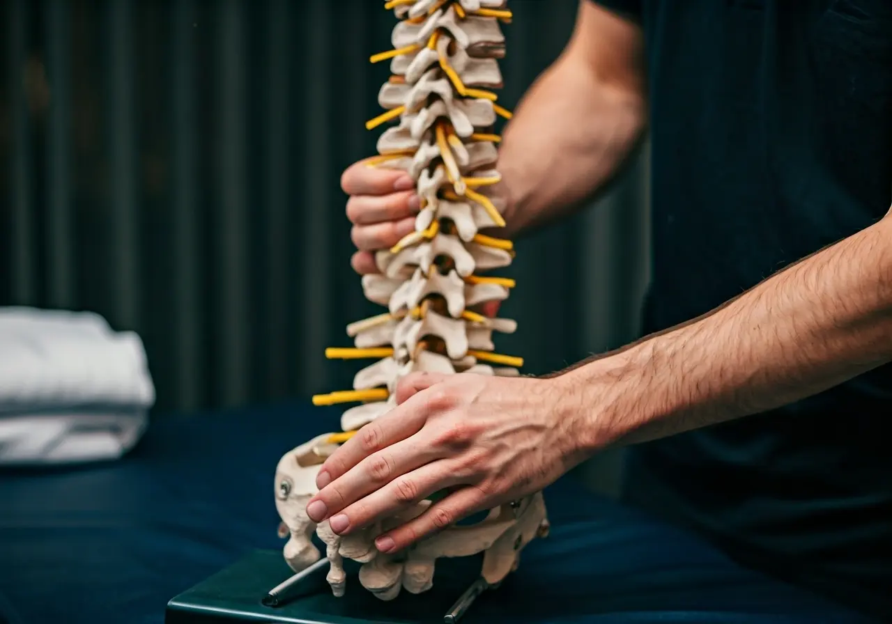 A chiropractor&rsquo;s hands adjusting a human spine model. 35mm stock photo