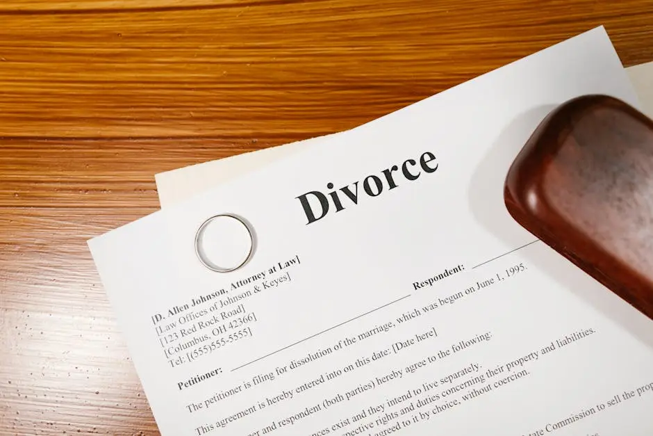 Close-up of a divorce document and wedding ring on a lawyer’s desk.