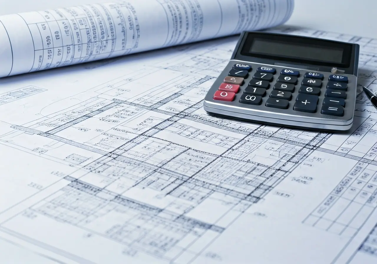 A construction blueprint next to a calculator and notes. 35mm stock photo