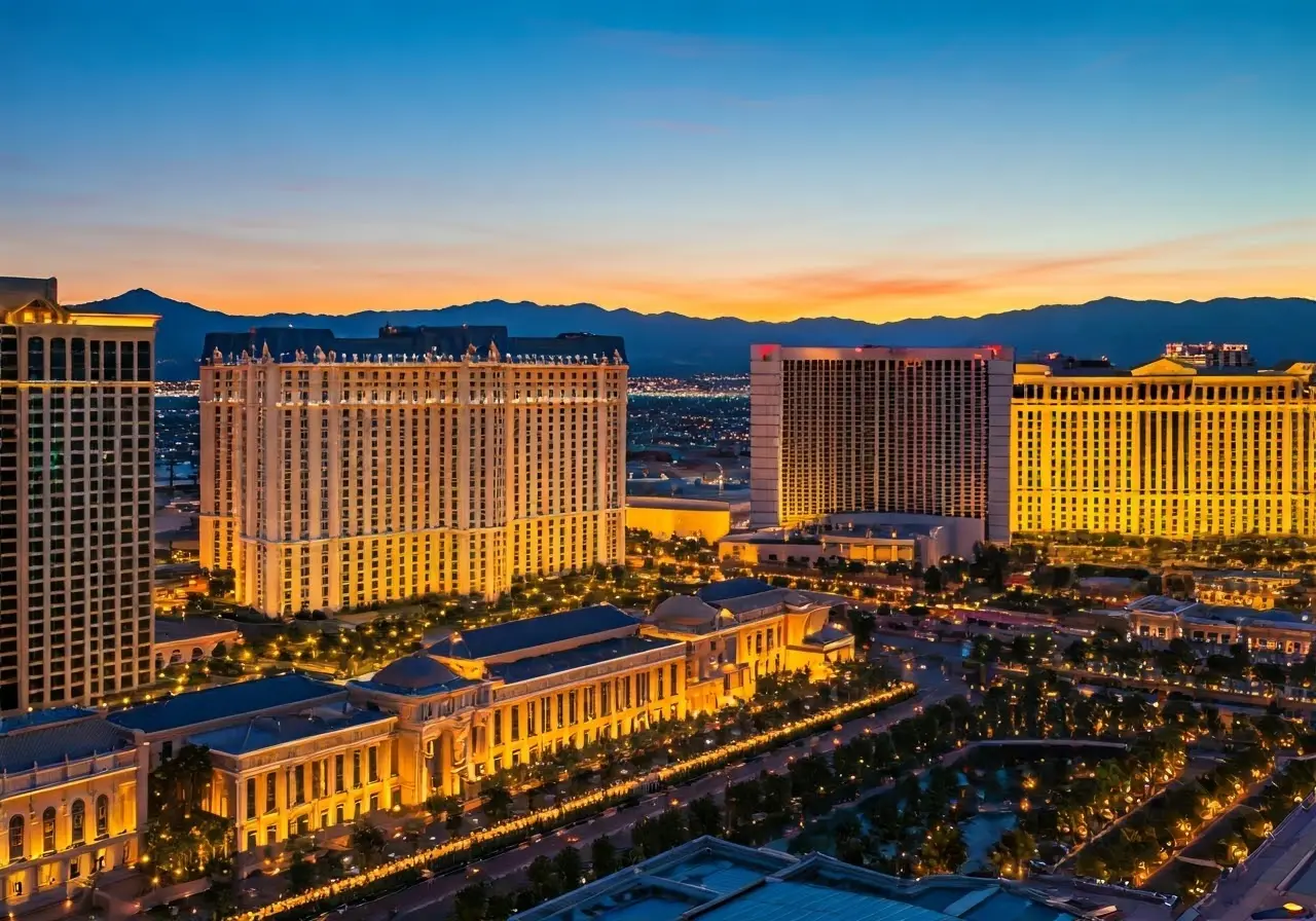 A vibrant Las Vegas skyline with iconic landmarks at sunset. 35mm stock photo