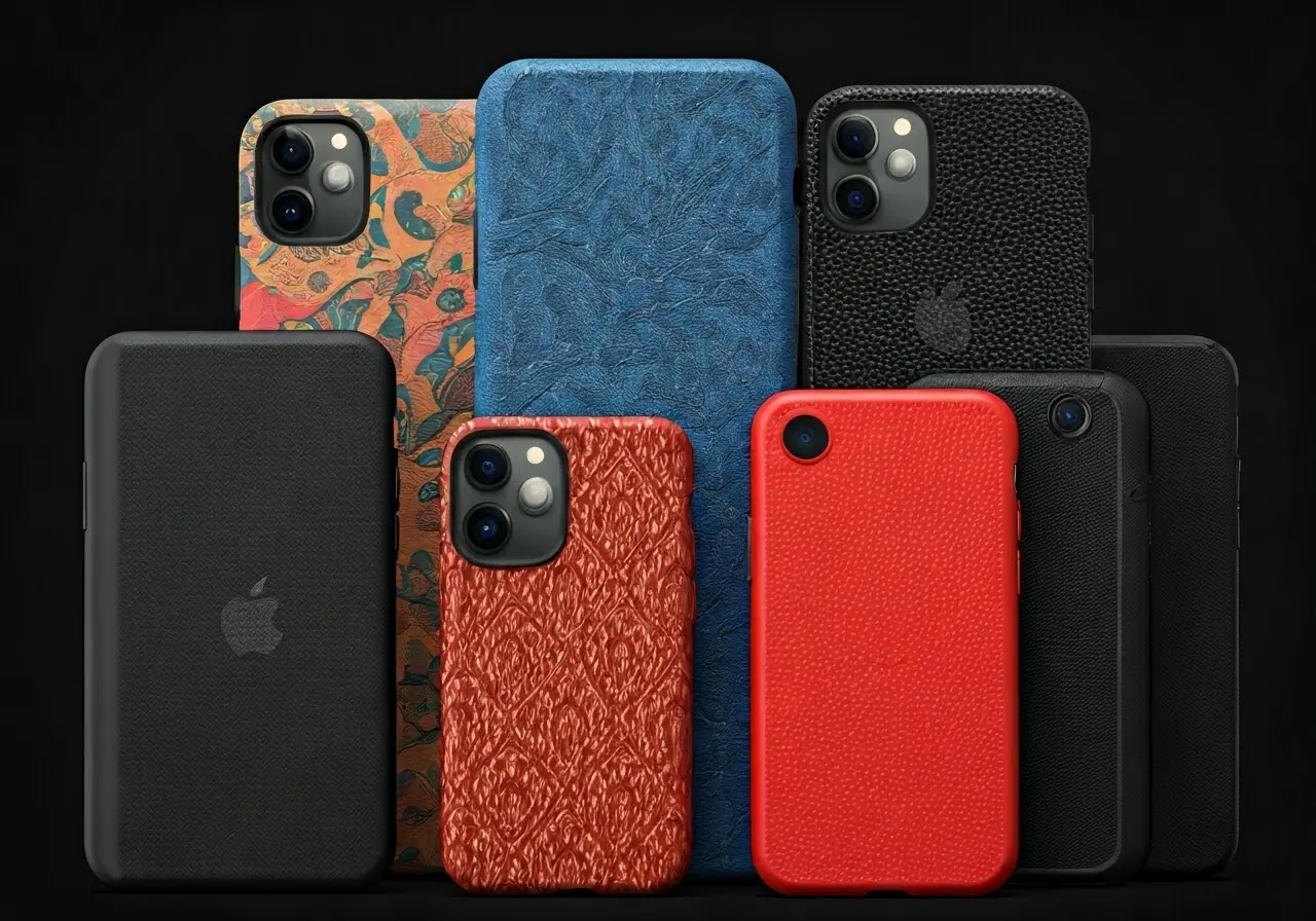 A colorful array of unique, stylish iPhone 11 cases. 35mm stock photo