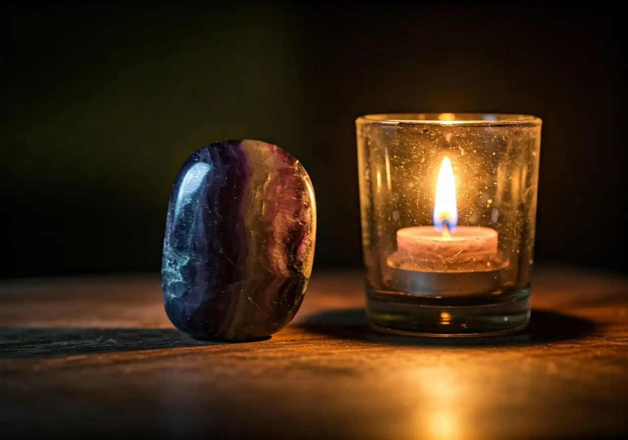 A polished fluorite crystal beside a flickering candle. 35mm stock photo