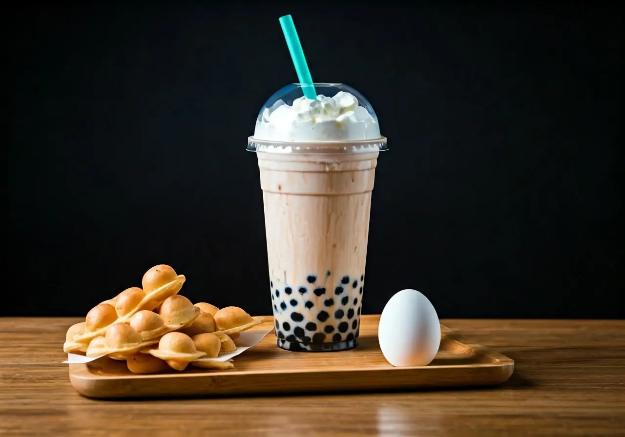 A vibrant bubble tea and egglet croffle on wooden table. 35mm stock photo