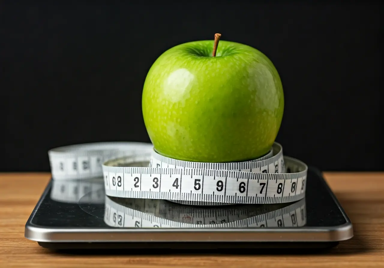 A measuring tape wrapped around a green apple on a scale. 35mm stock photo