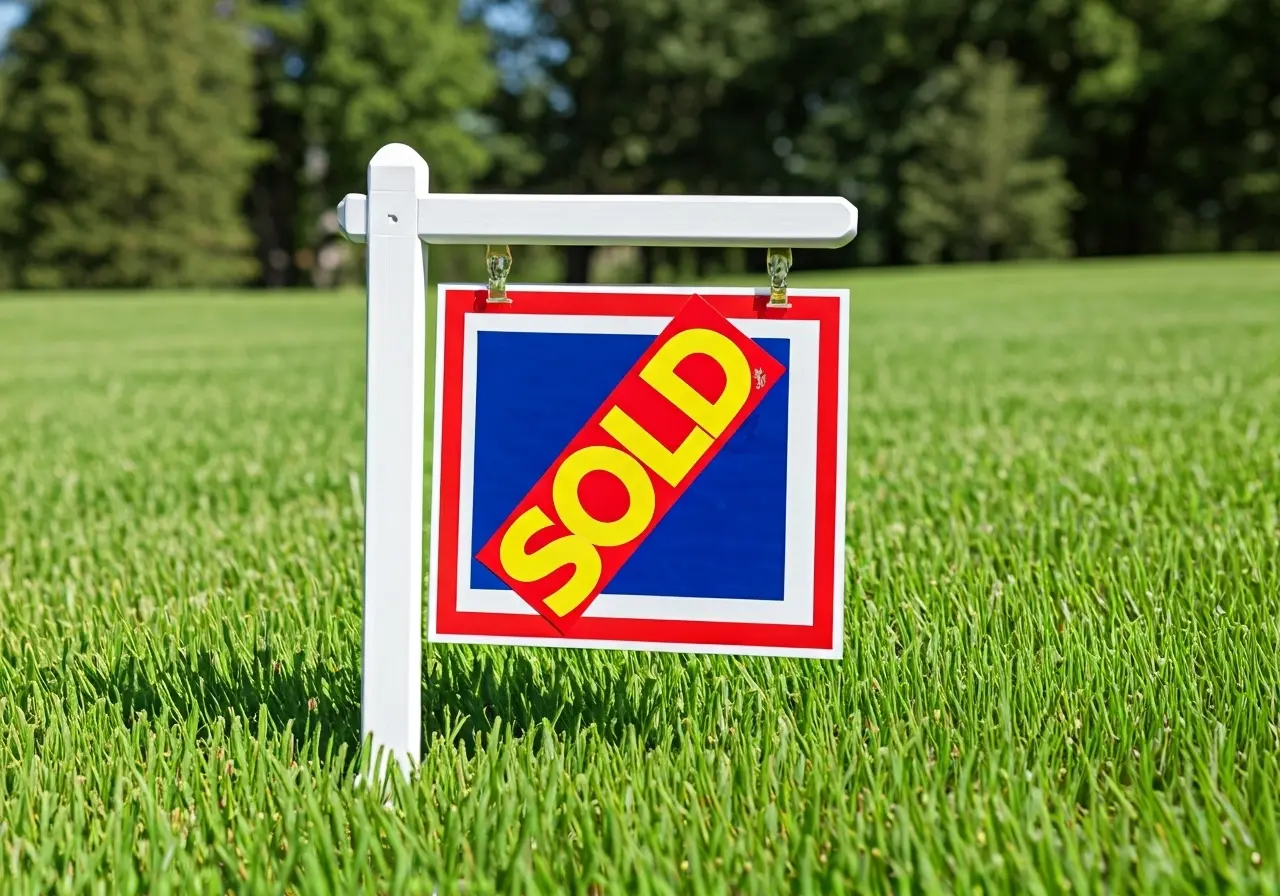 A colorful Sold sign on a manicured green lawn. 35mm stock photo