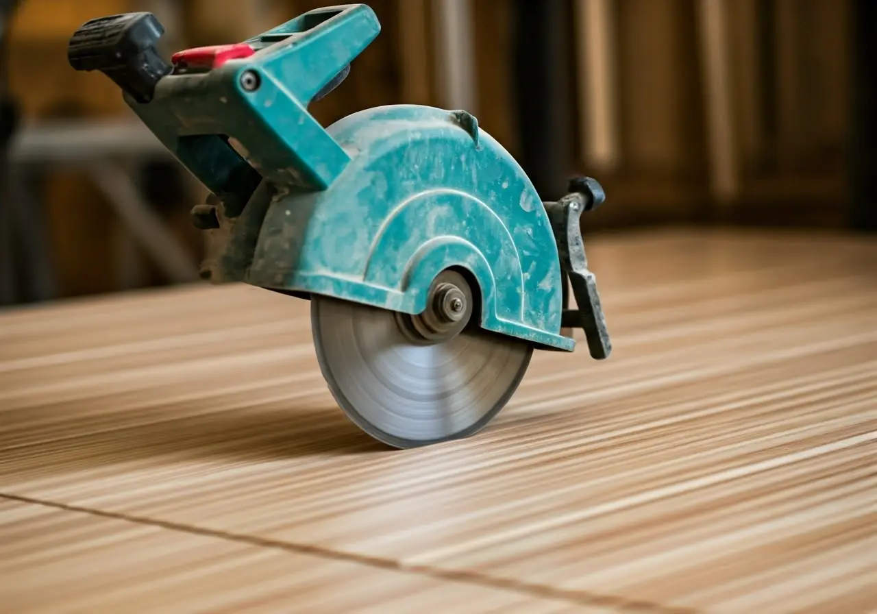 A close-up of a tile saw cutting ceramic tiles. 35mm stock photo