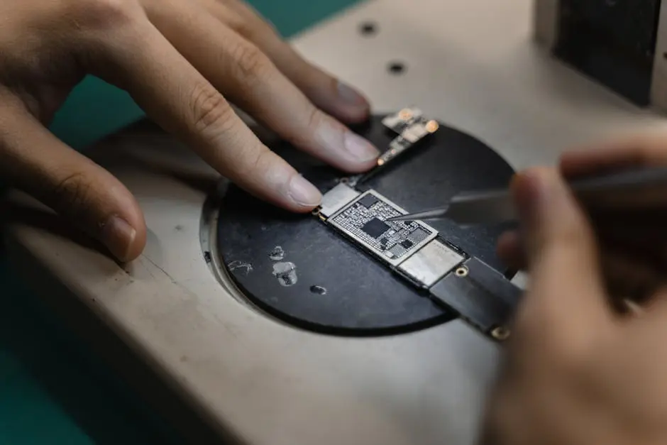 Detailed view of hands soldering electronic components, showcasing precision in engineering.